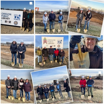 collage of staff breaking ground on new library